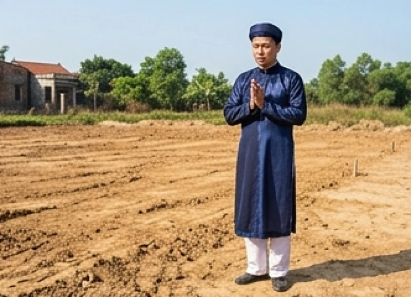 Gia chủ mặc trang phục áo dài truyền thống đứng trang nghiêm chắp tay đọc bài văn khấn cuốc móng làm nhà