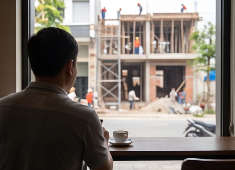 Chủ nhà tạm thời rời xa hiện trường công trình trong lúc người mượn tuổi đang thực hiện nghi thức
