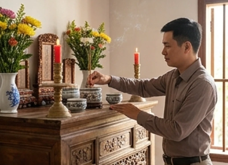 Người đàn ông mặc trang phục lịch sự và sạch sẽ đang chuẩn bị sắp xếp đồ thờ cúng trên ban thờ gia tiên