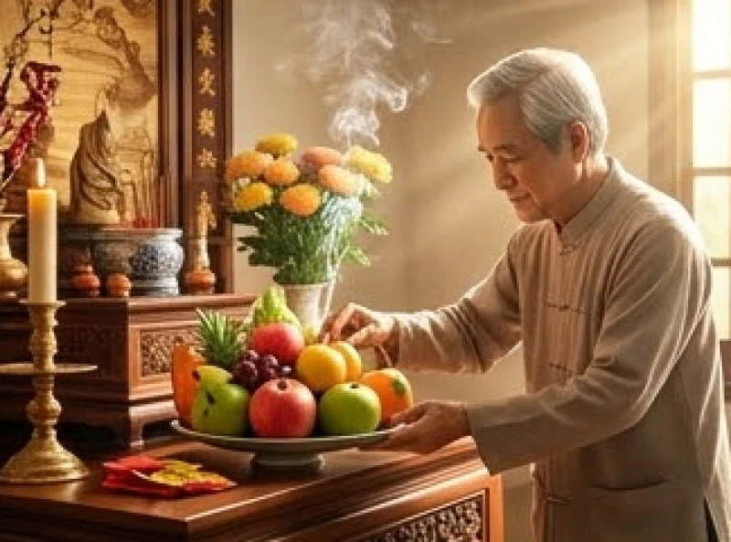 Người lớn tuổi thắp nhang trên bàn thờ gia tiên với ánh sáng ấm áp trong buổi sáng đầu năm mới
