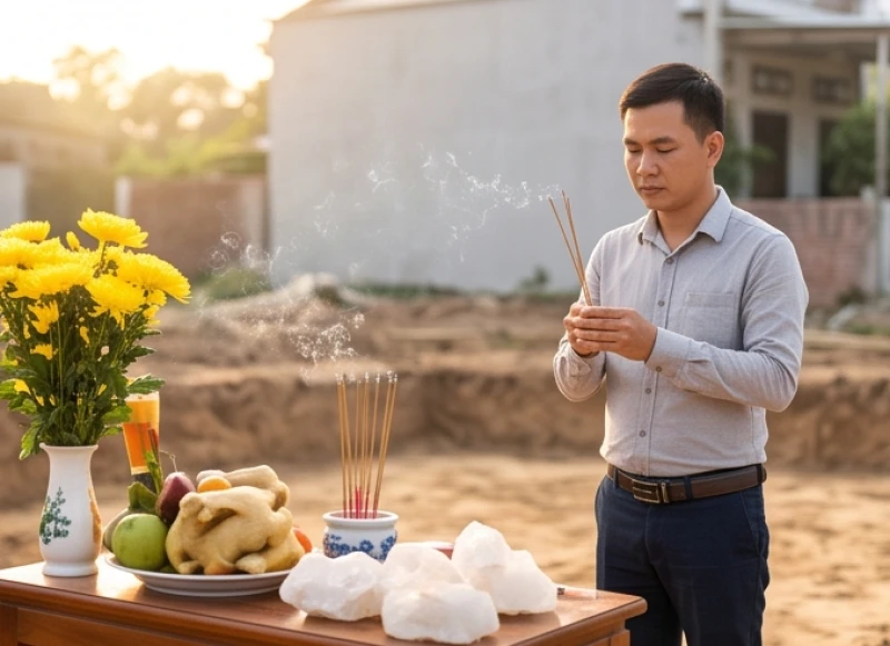 Tín chủ mặc trang phục chỉnh tề đang cầm nén hương thành tâm đứng trước mâm lễ hạ móng