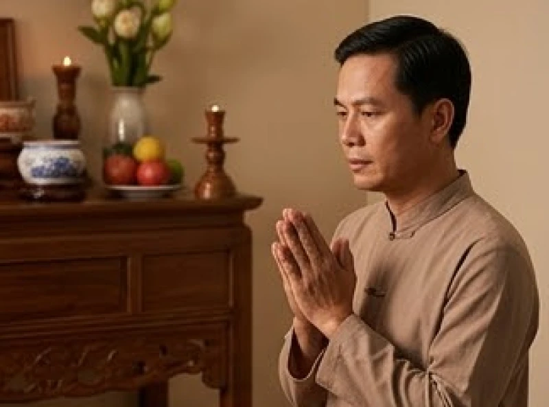 Người đàn ông mặc áo dài truyền thống thành tâm đứng chắp tay khấn vái trước bàn thờ tổ tiên
