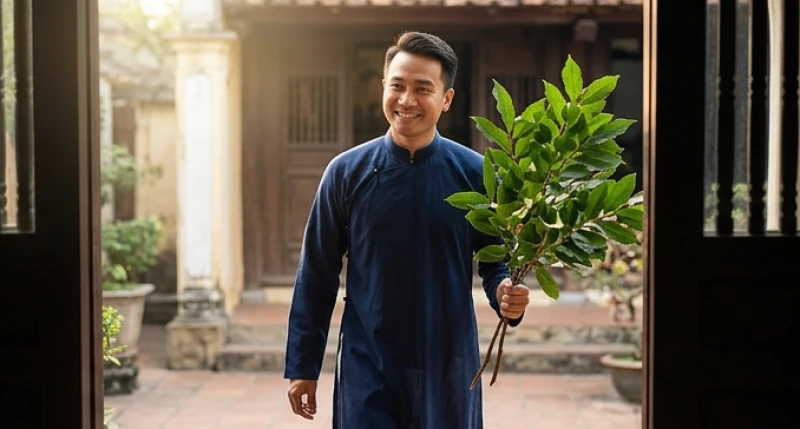 Người đàn ông cầm cành lộc tươi tắn bước vào nhà sau đêm giao thừa