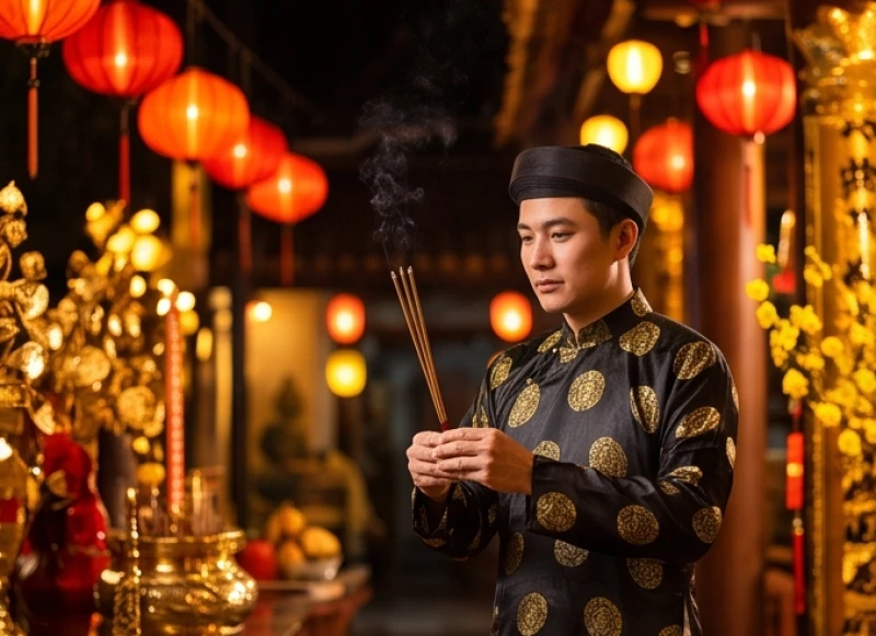 Người đàn ông thành kính dâng hương tại chùa vào đêm giao thừa để hái lộc và tự xông đất