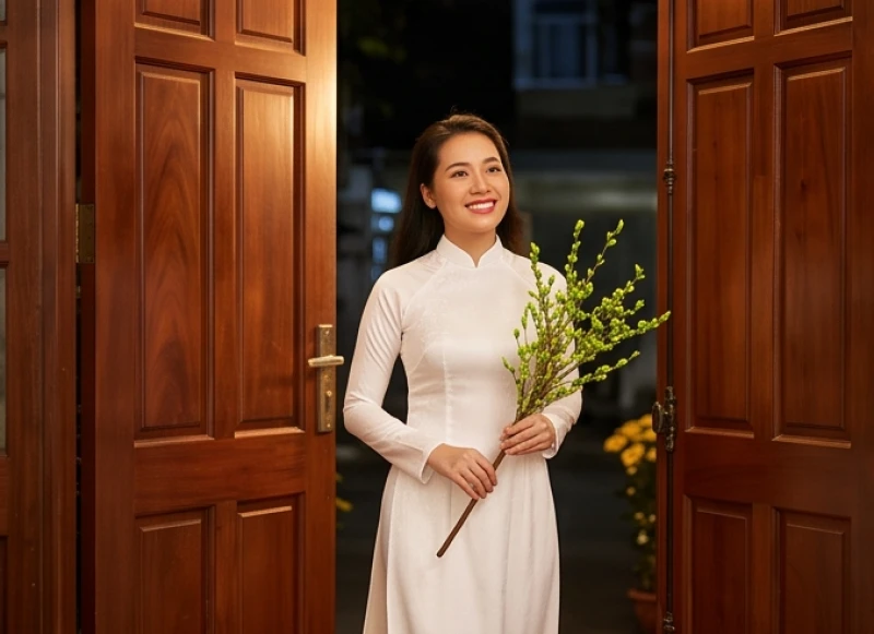 Gia chủ tuổi Hợi chọn người xông đất năm 2027: trọn bộ 5 nạp âm 9 Gia chủ mang theo cành lộc xuân tươi tắn bước vào nhà sau thời khắc Giao thừa.