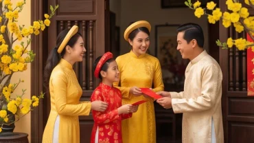 Gia chủ tuổi mùi chọn người xông đất năm 2027 đứng ở cửa chính hân hoan đón vị khách mang theo cành mai vàng.