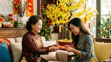 Cảnh gia chủ tuổi thìn chọn người xông đất năm 2027 trao phong bao lì xì đỏ trong không gian phòng khách ấm cúng