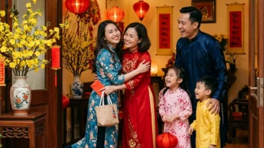 Cảnh đón khách đầu năm mới, minh họa bí quyết gia chủ tuổi tỵ chọn người xông đất năm 2027 hợp phong thủy