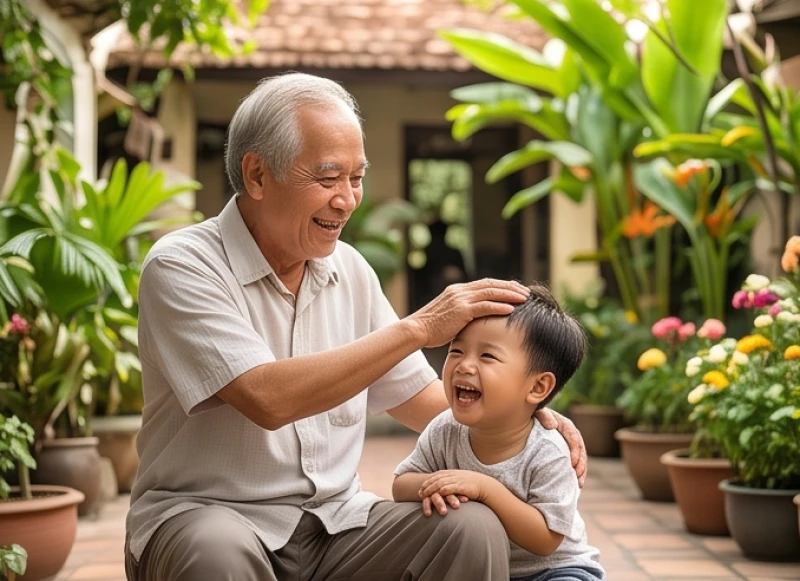 Người ông hiền từ mỉm cười xoa đầu đứa cháu nhỏ trong khoảng sân ngập nắng của gia đình