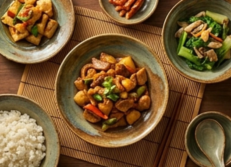 Mâm cơm gia đình ấm cúng với những món ăn mộc mạc được bày biện tinh tươm trên bát đĩa gốm