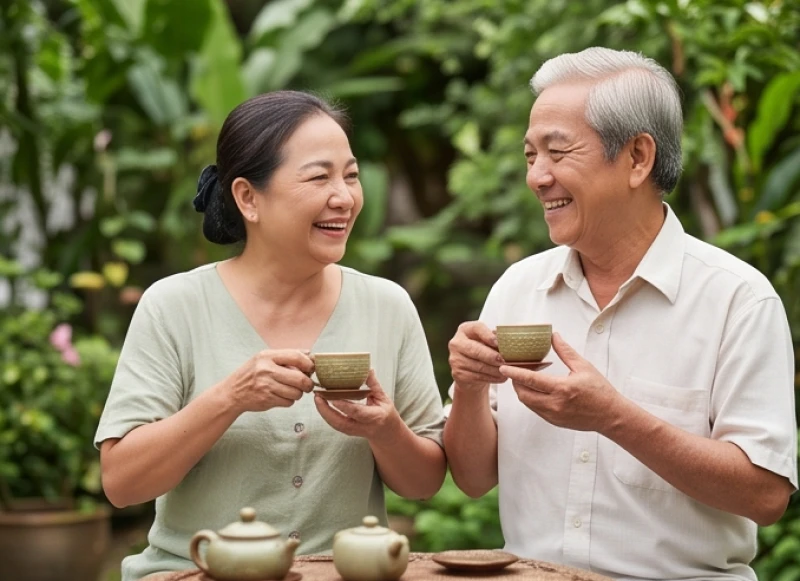 Tử vi trọn đời tuổi Giáp Thìn 1964 nữ mạng: Vận hạn & thọ mệnh 3 Vợ chồng già ngồi thưởng trà và trò chuyện vui vẻ trong không gian sân vườn yên tĩnh thanh bình