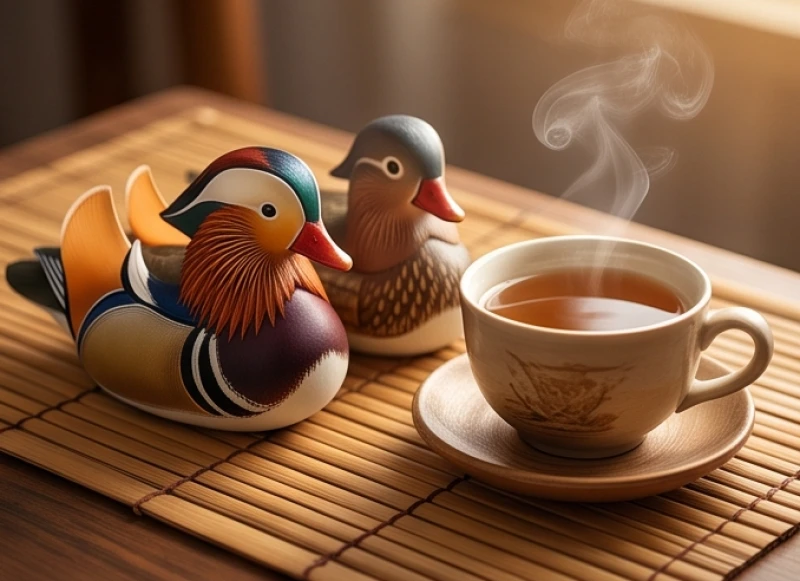 Đôi uyên ương gốm sứ đặt cạnh tách trà ấm cúng tượng trưng cho gia đạo êm ấm và tình duyên hòa thuận