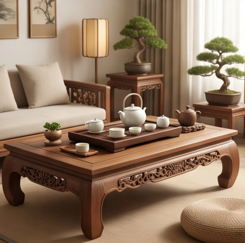 Bàn trà đạo bày biện tinh tế trong không gian phòng khách ấm cúng tràn ngập ánh sáng tự nhiên
