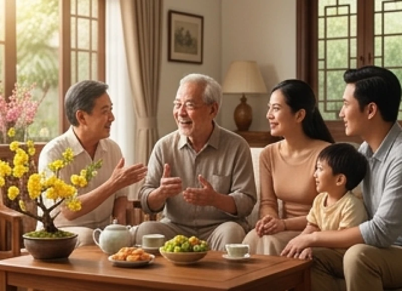 Gia đình ba thế hệ quây quần đầm ấm trong không gian phòng khách ngập tràn ánh nắng mùa xuân