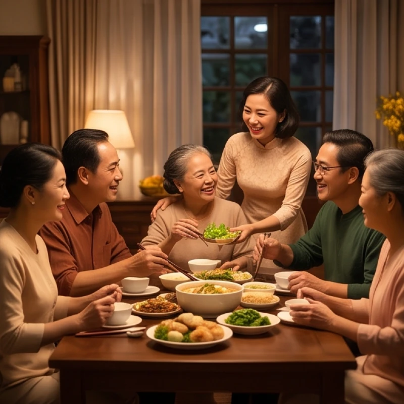 Bữa cơm gia đình đầm ấm của người tuổi Nhâm Tuất 1982, thể hiện sự đồng lòng và sung túc nhờ mệnh lý tương trợ
