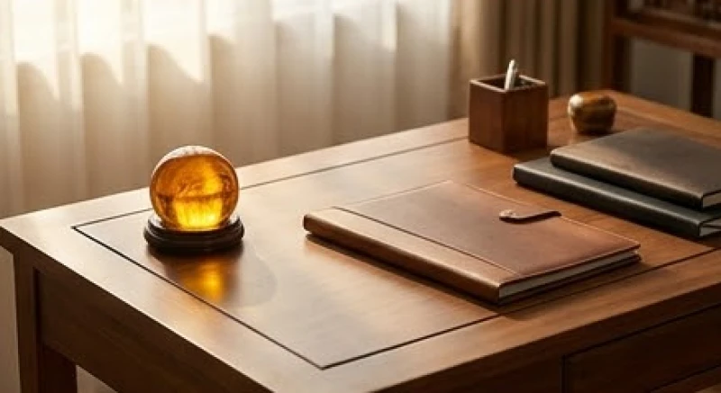 Bàn làm việc gỗ với quả chặn giấy màu hổ phách và hồ sơ kinh doanh tượng trưng cho sự nghiệp thăng hoa