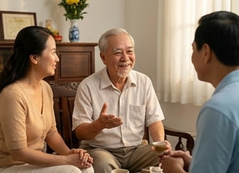 Tử vi tuổi Ất Dậu 1945 năm 2026: Bình giải 82 tuổi và cúng sao 2 Ông cụ 82 tuổi đang mỉm cười trò chuyện cùng các cháu trong phòng khách ấm cúng