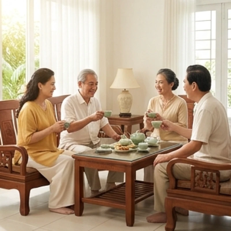 Tử vi trọn đời tuổi Canh Thìn 1940 nam mạng: bình giải hậu vận 4 Cảnh gia đình sum vầy bên ấm trà truyền thống thể hiện gia đạo êm ấm ở tuổi hậu vận