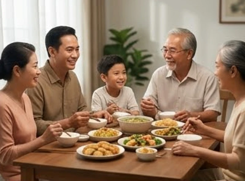 Gia đình nhiều thế hệ ngồi quây quần vui vẻ bên mâm cơm ấm cúng thể hiện sự hòa thuận trong năm mới