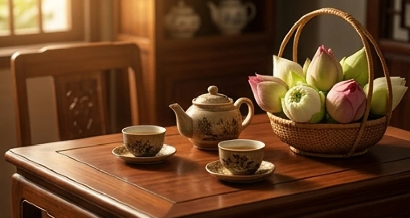 Tách trà và lẵng hoa sen trên bàn gỗ thể hiện gia đạo bình an viên mãn