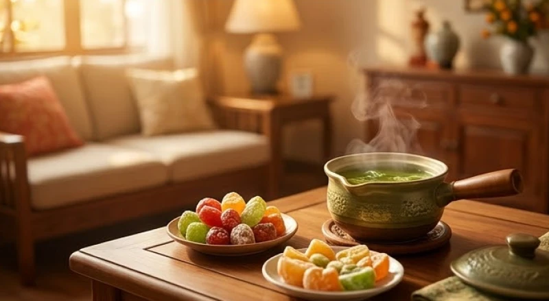 Không gian phòng khách ấm cúng chuẩn bị đón năm mới bình an