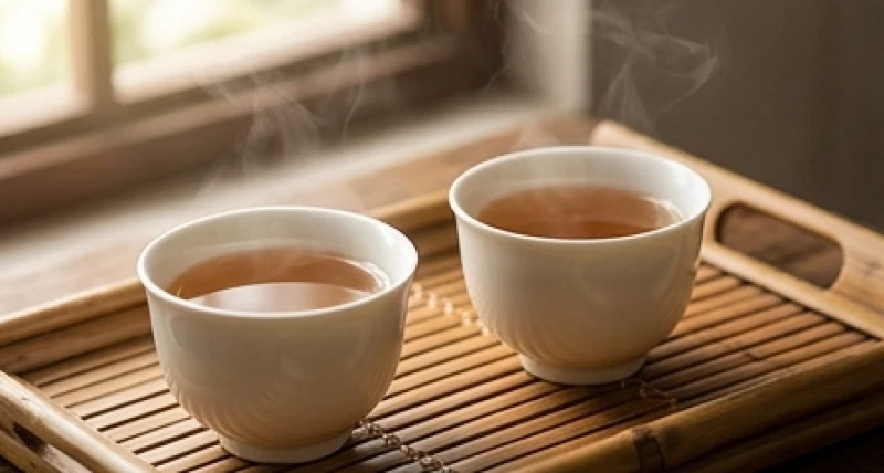 Hai tách trà sứ trắng nghi ngút khói đặt cạnh nhau tượng trưng cho tình duyên êm ấm trọn vẹn