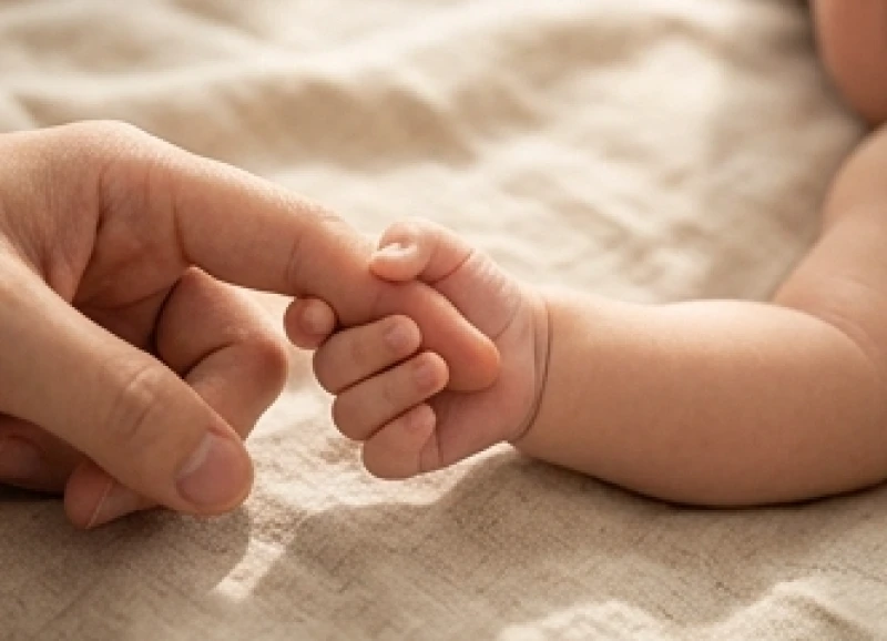 Bàn tay em bé đang nắm chặt ngón tay người lớn trên nền chăn vải đũi mềm mại