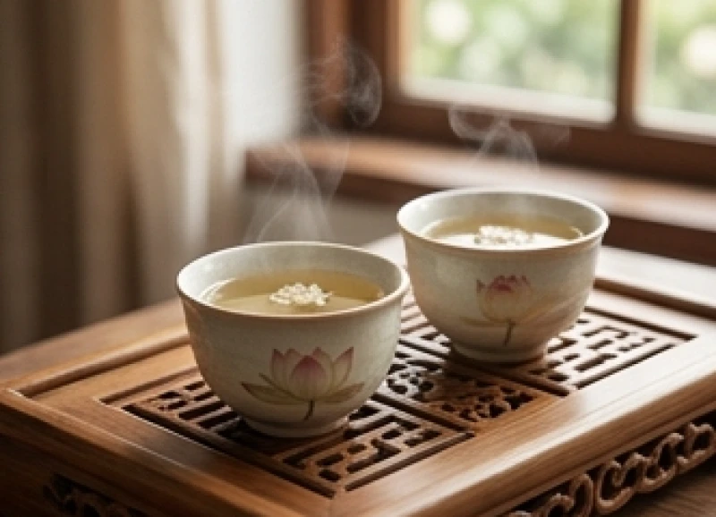 Hai tách trà sen ấm nóng đặt cạnh nhau trên bàn gỗ mang ý nghĩa hạnh phúc lứa đôi