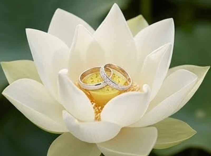 Đôi nhẫn cưới lấp lánh đặt trên một đóa hoa sen trắng nở rộ thể hiện sự viên mãn