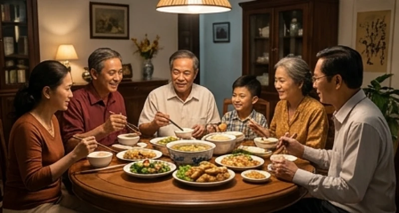 Bữa cơm gia đình ấm cúng với nhiều thế hệ cùng quây quần bên mâm cơm truyền thống