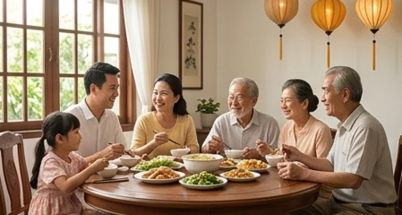 Gia đình ba thế hệ quây quần vui vẻ bên mâm cơm truyền thống vô cùng ấm cúng