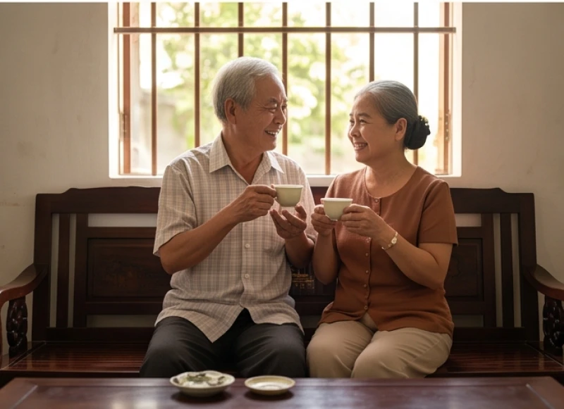 Hai ông bà lão ngồi cạnh nhau hiền hòa, cùng nhau thưởng thức tách trà nóng
