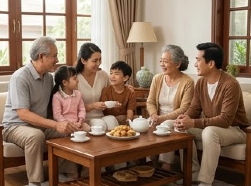 Gia đình đa thế hệ quây quần vui vẻ bên bàn trà ấm cúng tại phòng khách