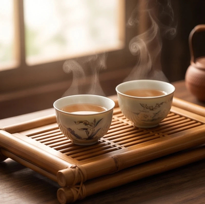 Cặp chén trà gốm sứ truyền thống đặt trên bàn gỗ thể hiện khía cạnh gia đạo và các mối quan hệ