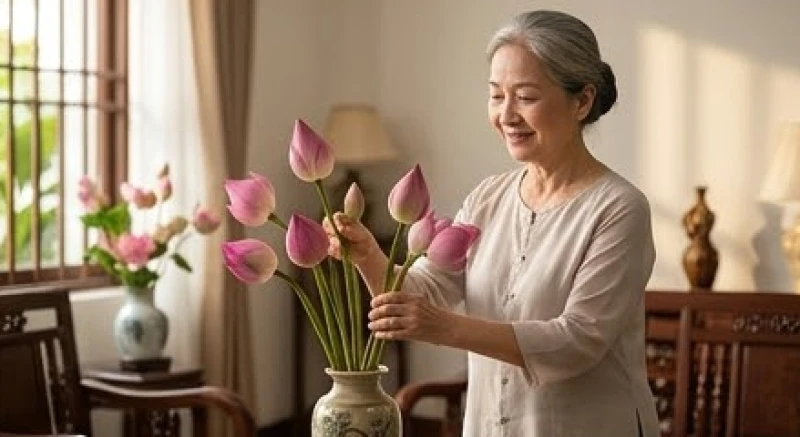 Người phụ nữ lớn tuổi đang cắm hoa sen trong chiếc bình gốm với nụ cười hiền hậu