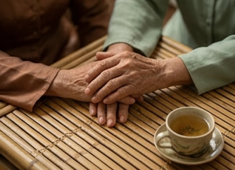 Tử vi trọn đời tuổi Quý Mùi 1943 nữ mạng: Diễn biến các mốc tuổi 3 Hai bàn tay của đôi vợ chồng lớn tuổi đang nắm chặt nhau cùng tách trà sen bốc khói trên chiếc bàn mây tre đan
