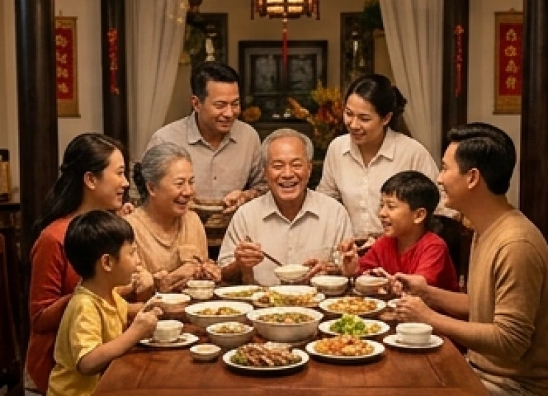 Bữa cơm gia đình ba thế hệ quây quần vui vẻ bên mâm cỗ truyền thống