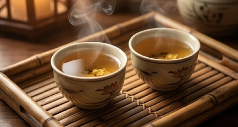 Hai chén trà hoa sen nóng hổi đặt cạnh nhau trên bàn gỗ mộc mạc tượng trưng cho sự gắn kết gia đình