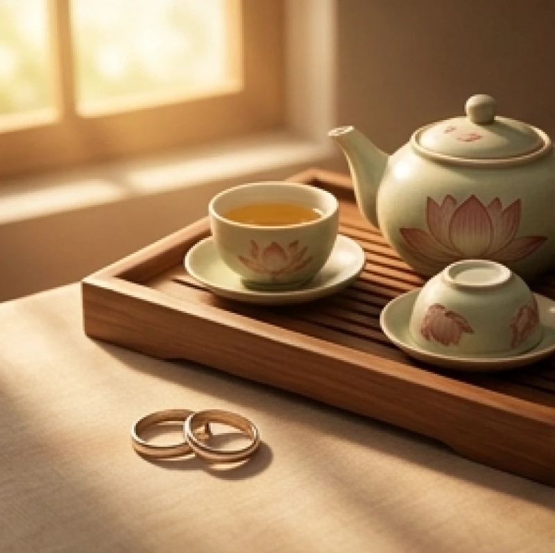 Đôi nhẫn cưới và tách trà sen tượng trưng cho cuộc sống hôn nhân êm ấm của nam sinh tháng 5 và 9