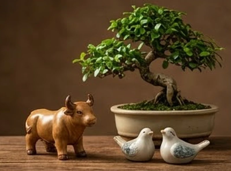 Đôi chim gốm và tượng con trâu nhỏ đặt cạnh chậu cây bonsai xanh tươi mọc rễ bám đá