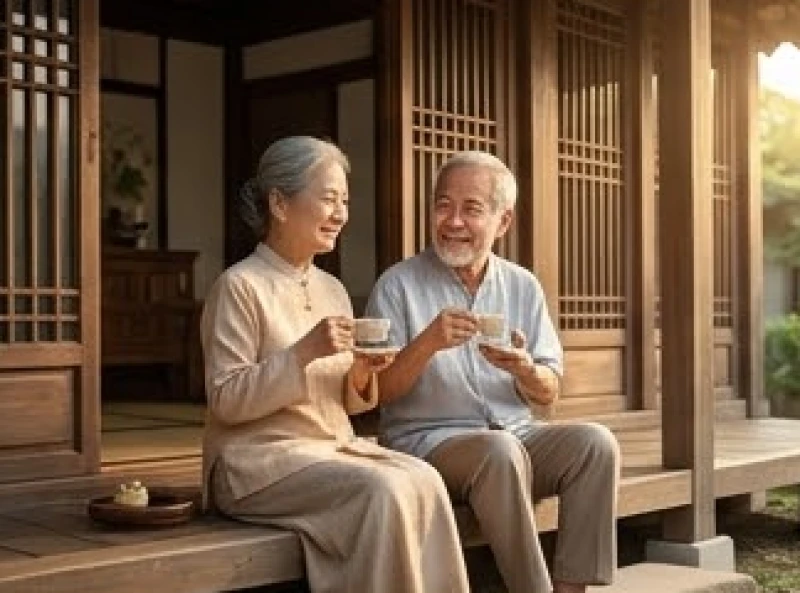 Vợ chồng cao tuổi ngồi uống trà bình yên trước hiên nhà trong buổi sáng ấm áp