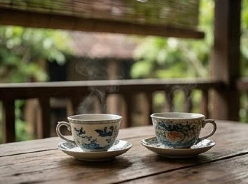 Hai tách trà sứ cổ thưởng ngoạn trên chiếc bàn gỗ mộc mạc đặt ngoài hiên nhà râm mát