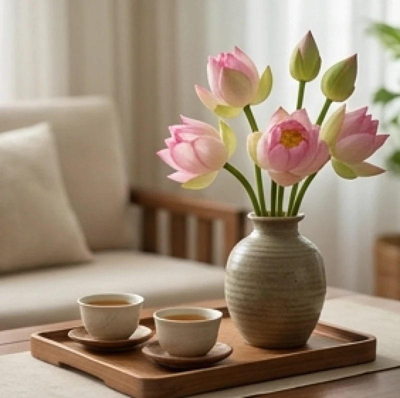 Không gian phòng khách ấm cúng với bình hoa tươi và trà mạn giúp gia đạo êm ấm
