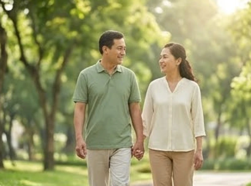 Tình duyên tuổi Hợi năm 2027: Lộ trình 12 tháng và phong thủy 7 Đôi vợ chồng trung niên đang cùng nhau thong thả tản bộ dưới hàng cây xanh mát vào buổi sáng