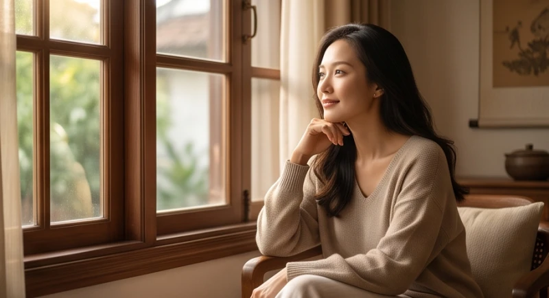 Người phụ nữ trầm tư bên khung cửa sổ tràn ngập ánh sáng tự nhiên