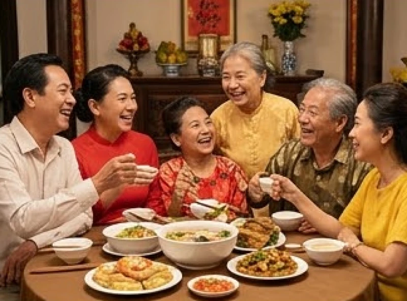 Gia đình ba thế hệ vui vẻ dùng bữa tối quây quần bên mâm cơm truyền thống