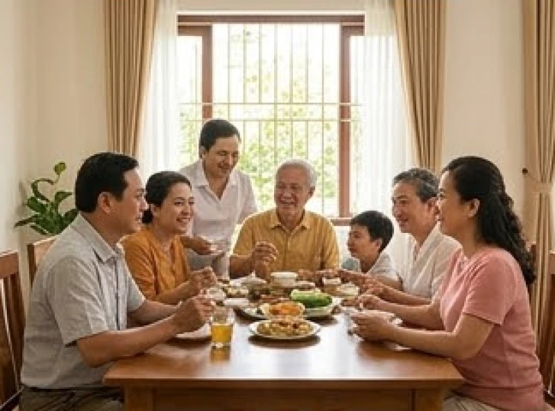 Đại gia đình nhiều thế hệ đang quây quần vui vẻ bên mâm cơm ấm cúng, tràn ngập tiếng cười