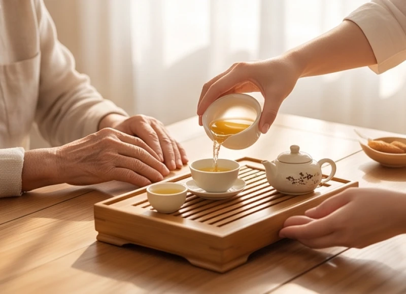 Bàn tay con cháu vui vẻ rót trà và xoa bóp tay cho ông bà, thể hiện sự hòa thuận và gắn kết gia đạo