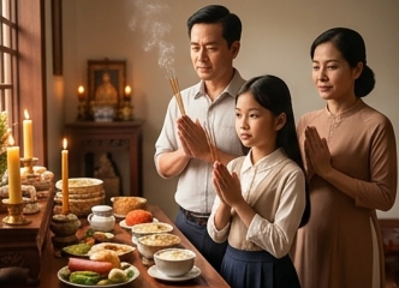 Cha mẹ cùng con gái 12 tuổi chắp tay thành kính thực hiện nghi lễ cúng căn tại nhà