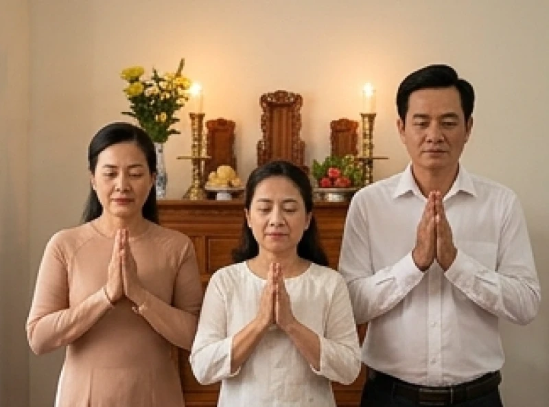 Văn khấn giỗ cụ: Mẫu bài cúng Tằng Tổ Khảo, Tằng Tổ Tỷ 2 Các thành viên trong gia đình quây quần trang nghiêm trong ngày lễ giỗ thường